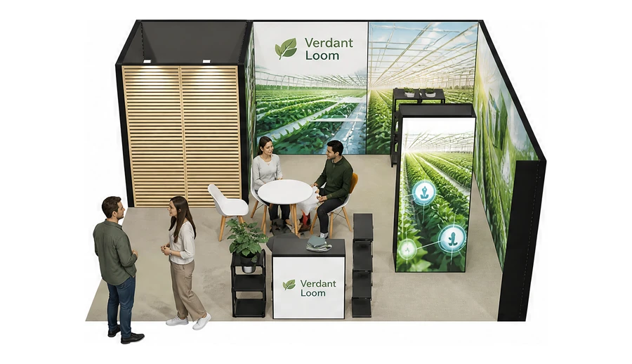 Stoisko 6 × 5 m narożne prawe dla branży sadownictwo i warzywnictwo, przykładowa marka Verdant Loom
