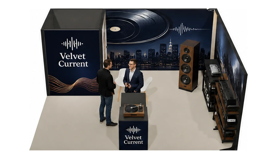 Stoisko 6 × 5 m narożne prawe dla branży sprzęt audio-video, przykładowa marka Velvet Current