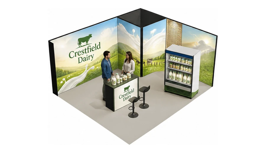 Stoisko 6 × 5 m narożne prawe dla branży nabiał i mleczarstwo, przykładowa marka Crestfield Dairy