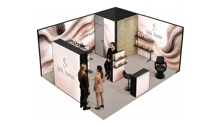 Stoisko 6 × 5 m narożne prawe dla branży fryzjerstwo i salony beauty, przykładowa marka Silk Tonic