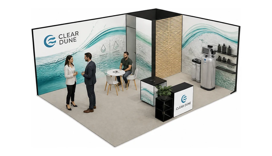 Stoisko 6 × 5 m narożne prawe dla branży technologie wodne, przykładowa marka Clear Dune