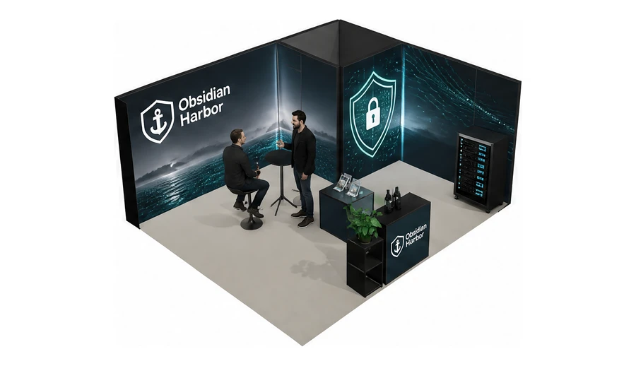 Stoisko 6 × 5 m narożne prawe dla branży cyberbezpieczeństwo, przykładowa marka Obsidian Harbor