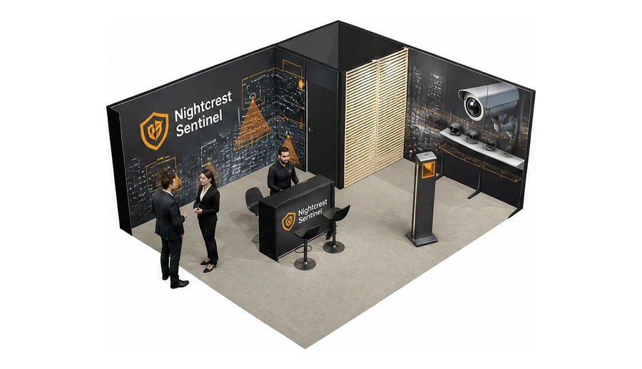 Stoisko 6 × 5 m narożne prawe dla branży systemy zabezpieczeń, przykładowa marka Nightcrest Sentinel