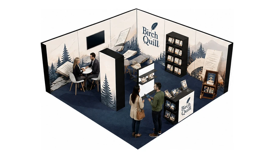 Stoisko 6 × 6 m narożne prawe dla branży wydawnictwa, przykładowa marka Birch Quill