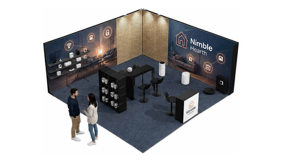 Stoisko 6 × 6 m narożne prawe dla branży smart home i IoT, przykładowa marka Nimble Hearth