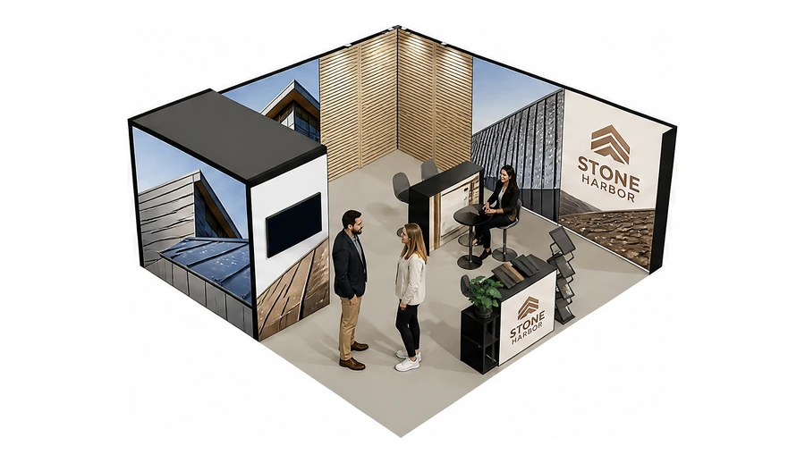Stoisko 6 × 6 m narożne prawe dla branży dachy i elewacje, przykładowa marka Stone Harbor