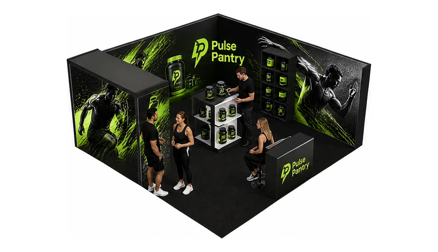 Stoisko 6 × 6 m narożne prawe dla branży suplementy diety, przykładowa marka Pulse Pantry