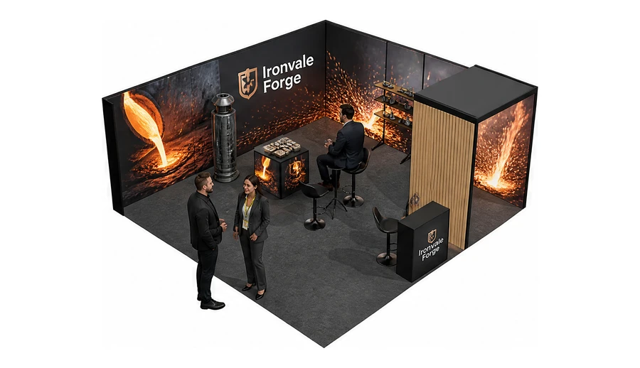 Stoisko 6 × 6 m narożne prawe dla branży obróbka metali i odlewnictwo, przykładowa marka Ironvale Forge