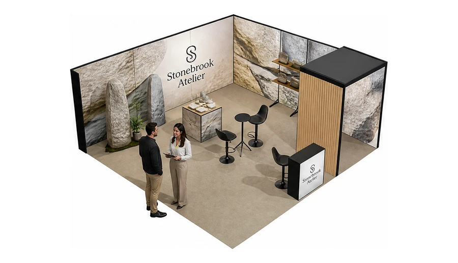 Stoisko 6 × 6 m narożne prawe dla branży kamień i kamieniarstwo, przykładowa marka Stonebrook Atelier