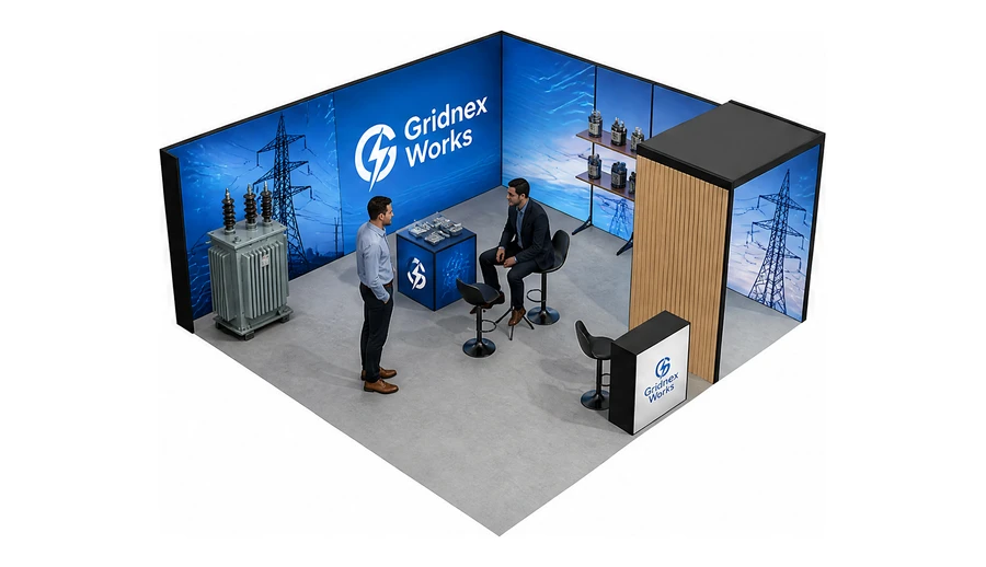 Stoisko 6 × 6 m narożne prawe dla branży energetyka i sieci, przykładowa marka Gridnex Works