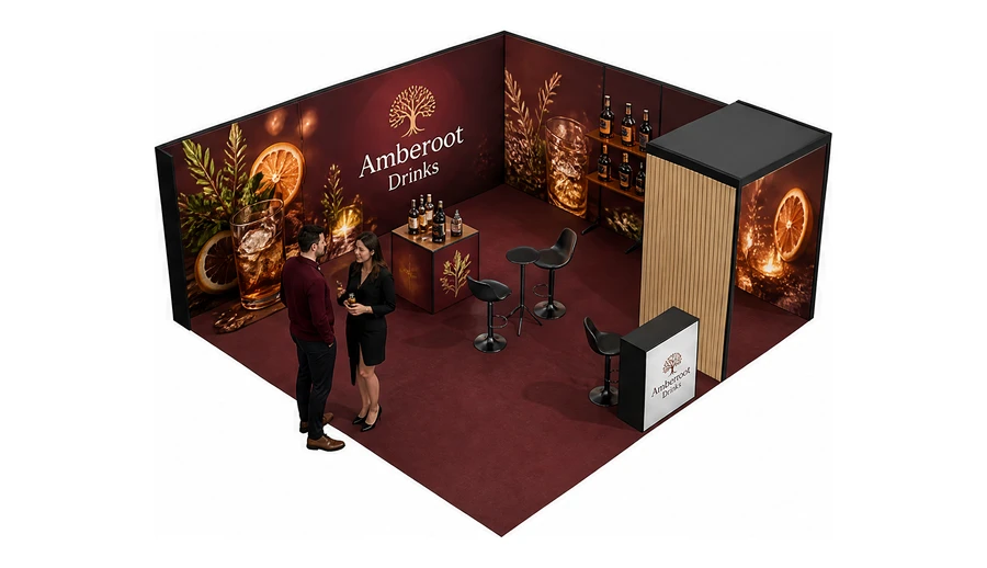 Stoisko 6 × 6 m narożne prawe dla branży napoje, przykładowa marka Amberroot Drinks