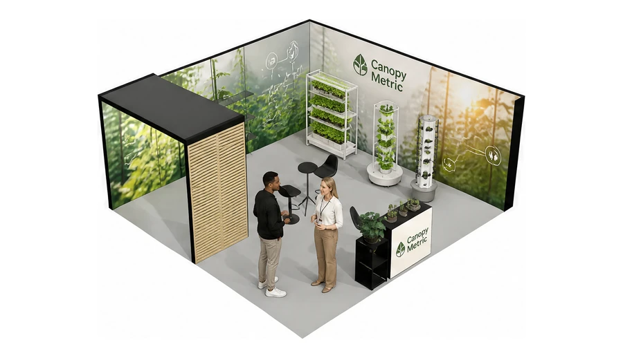 Stoisko 6 × 6 m narożne prawe dla branży sadownictwo i warzywnictwo, przykładowa marka Canopy Metric