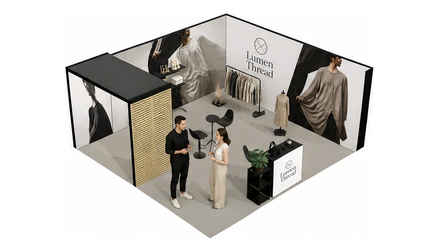 Stoisko 6 × 6 m narożne prawe dla branży odzież i moda, przykładowa marka Lumen Thread