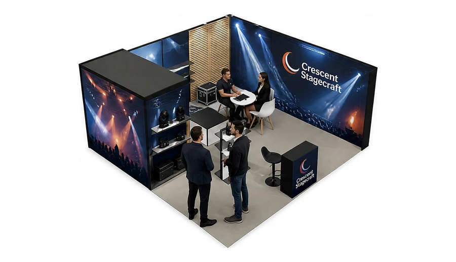 Stoisko 6 × 6 m narożne prawe dla branży branża eventowa, przykładowa marka Crescent Stagecraft