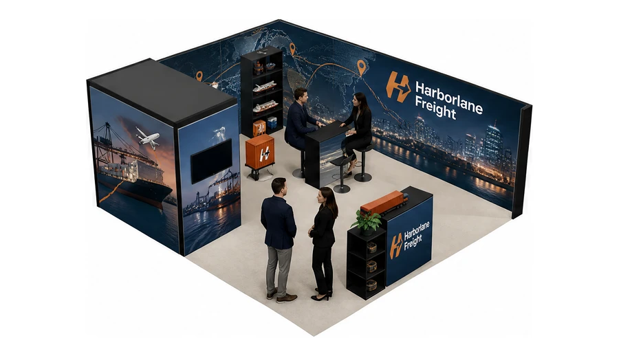 Stoisko 6 × 6 m narożne prawe dla branży logistyka i spedycja, przykładowa marka Harborlane Freight