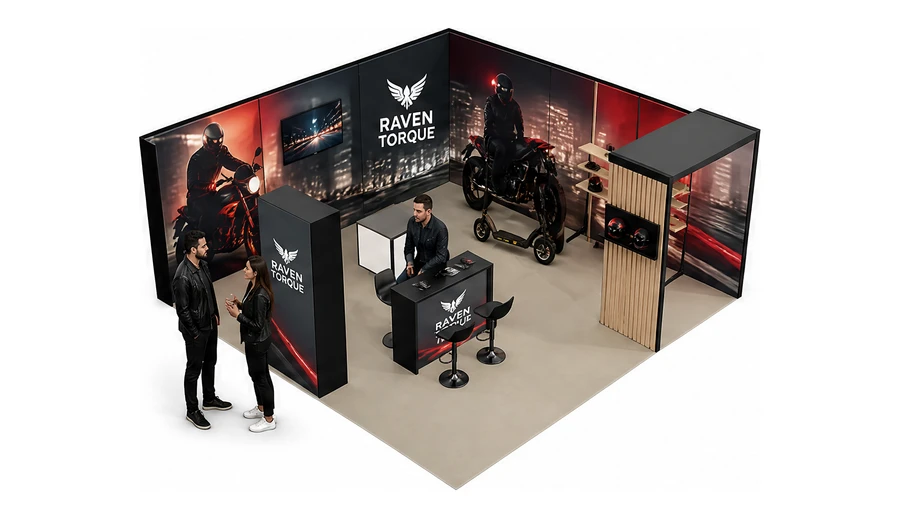 Stoisko 6 × 6 m narożne prawe dla branży motocykle i skutery, przykładowa marka Raven Torque