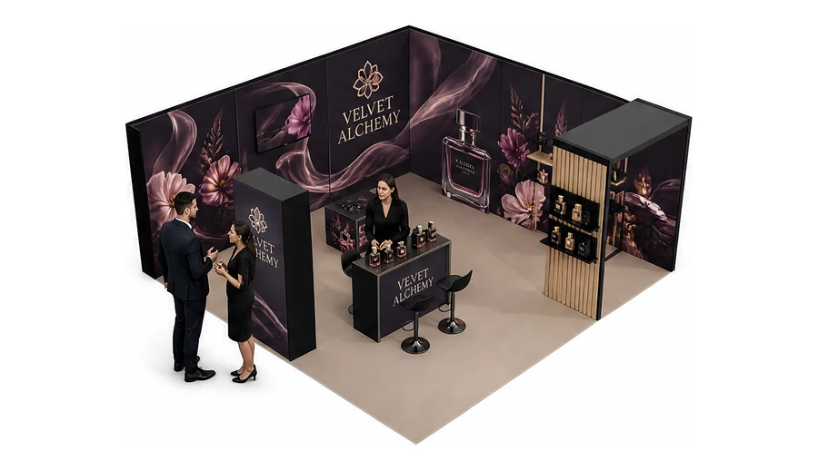 Stoisko 6 × 6 m narożne prawe dla branży perfumy, przykładowa marka Velvet Alchemy