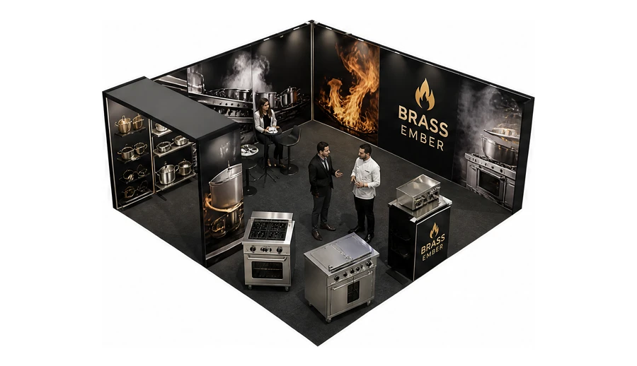 Stoisko 6 × 6 m narożne prawe dla branży wyposażenie gastronomii, przykładowa marka Brass Ember