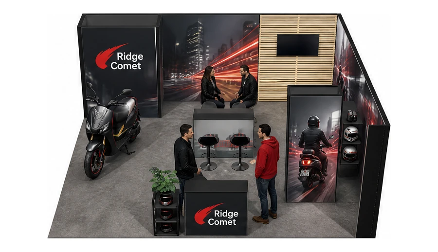 Stoisko 6 × 6 m narożne prawe dla branży motocykle i skutery, przykładowa marka Ridge Comet