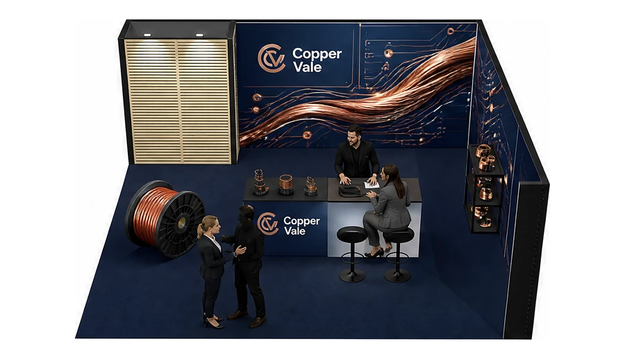 Stoisko 6 × 6 m narożne prawe dla branży kable i elektrotechnika, przykładowa marka Copper Vale