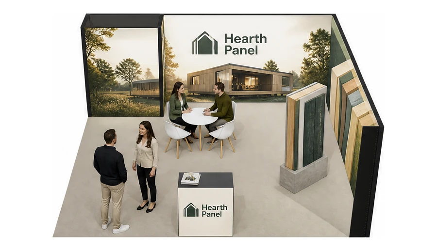 Stoisko 6 × 6 m narożne prawe dla branży domy modułowe i prefabrykacja, przykładowa marka Hearth Panel