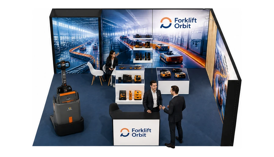 Stoisko 6 × 6 m narożne prawe dla branży intralogistyka i magazyn, przykładowa marka Forklift Orbit