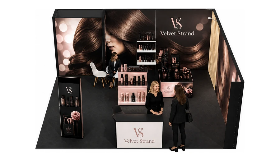 Stoisko 6 × 6 m narożne prawe dla branży fryzjerstwo i salony beauty, przykładowa marka Velvet Strand