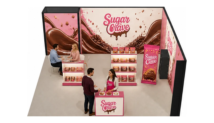 Stoisko 6 × 6 m narożne prawe dla branży słodycze i przekąski, przykładowa marka Sugar Crave