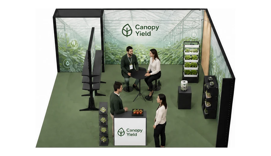 Stoisko 6 × 6 m narożne prawe dla branży sadownictwo i warzywnictwo, przykładowa marka Canopy Yield