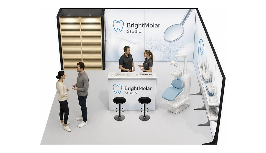 Stoisko 6 × 6 m narożne prawe dla branży stomatologia, przykładowa marka BrightMolar Studio