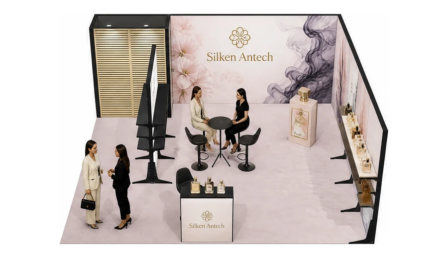 Stoisko 6 × 6 m narożne prawe dla branży perfumy, przykładowa marka Silken Antech