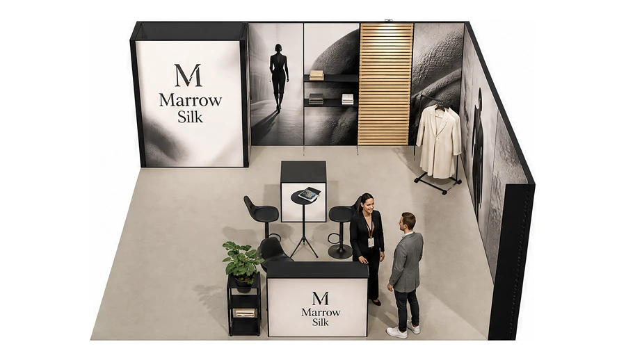 Stoisko 6 × 6 m narożne prawe dla branży odzież i moda, przykładowa marka Marrow Silk