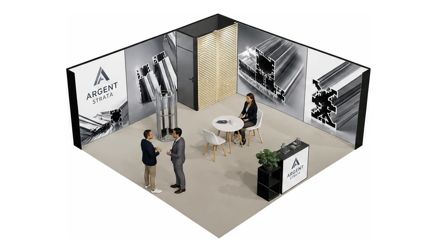 Stoisko 6 × 6 m narożne prawe dla branży profile aluminiowe, przykładowa marka Argent Strata