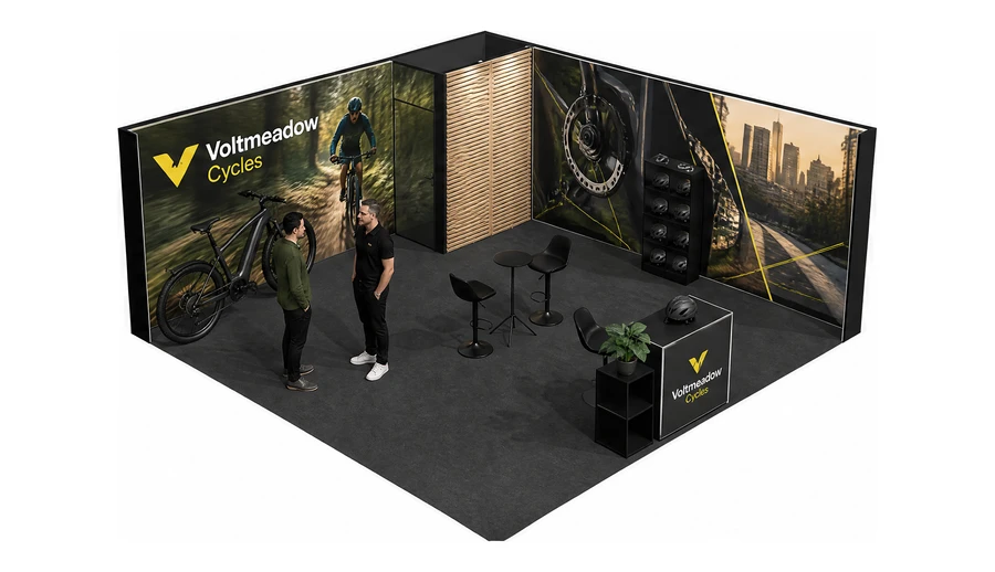 Stoisko 6 × 6 m narożne prawe dla branży rowery elektryczne, przykładowa marka Voltmeadow Cycles