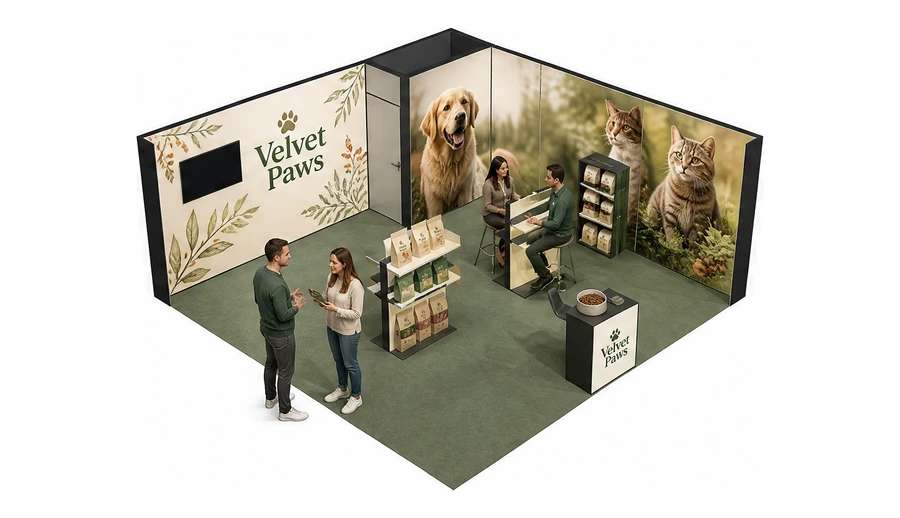 Stoisko 6 × 6 m narożne prawe dla branży karma dla zwierząt, przykładowa marka Velvet Paws