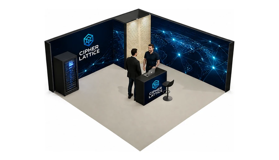 Stoisko 6 × 6 m narożne prawe dla branży cyberbezpieczeństwo, przykładowa marka Cipher Lattice