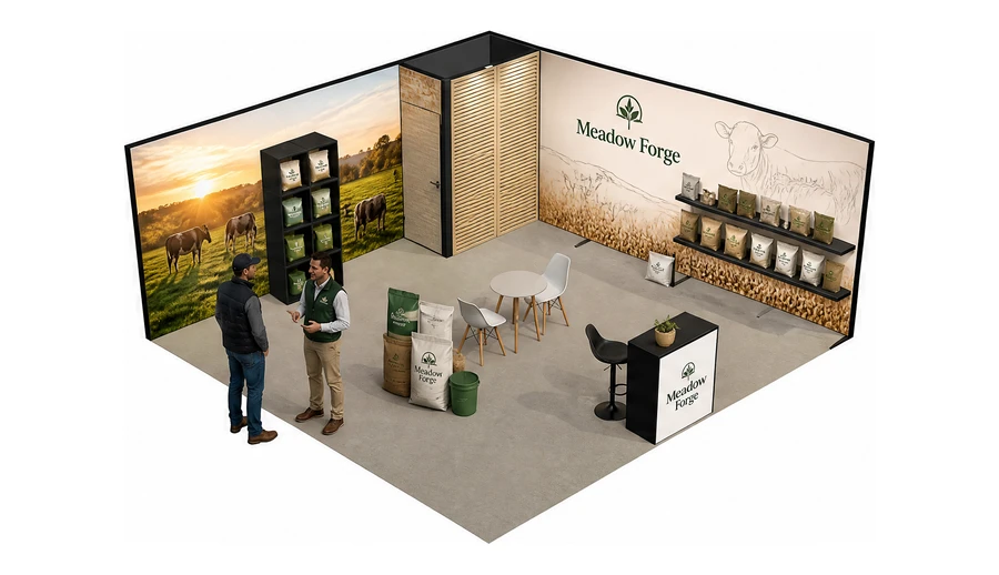 Stoisko 6 × 6 m narożne prawe dla branży hodowla i pasze, przykładowa marka Meadow Forge