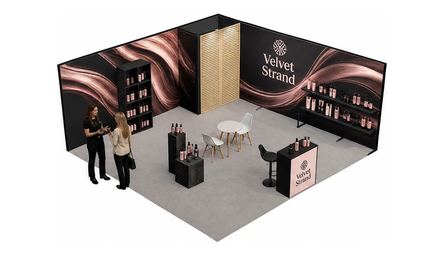 Stoisko 6 × 6 m narożne prawe dla branży fryzjerstwo i salony beauty, przykładowa marka Velvet Strand