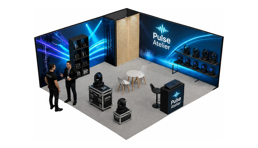 Stoisko 6 × 6 m narożne prawe dla branży branża eventowa, przykładowa marka Pulse Atelier