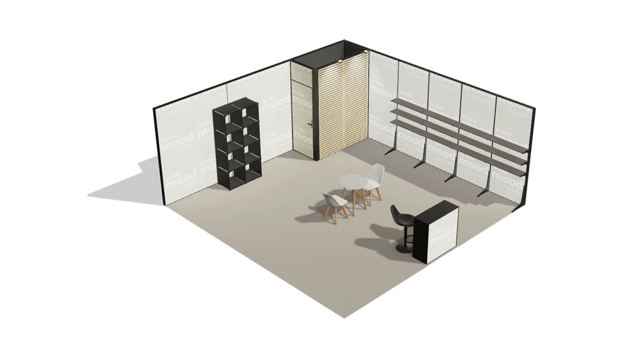 Układ z góry stoiska targowego stoisko narozne prawe 6x6 m100 led ekspozycyjny z1 r1 s0 l1 e0 p0 w0 m0 g0 a0 v2 o2