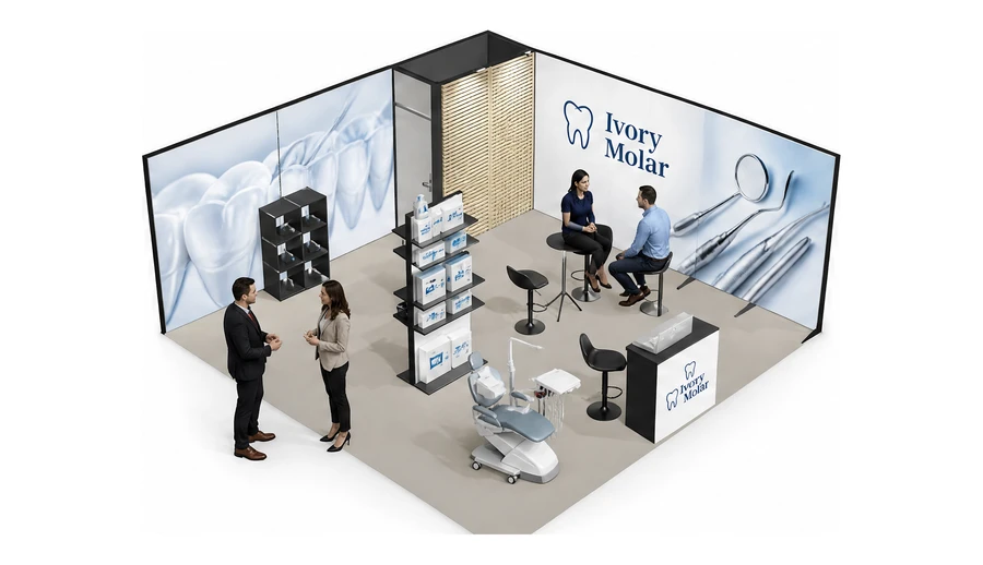 Stoisko 6 × 6 m narożne prawe dla branży stomatologia, przykładowa marka Ivory Molar
