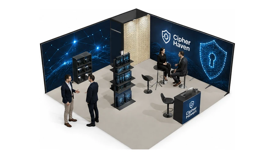 Stoisko 6 × 6 m narożne prawe dla branży cyberbezpieczeństwo, przykładowa marka Cipher Haven