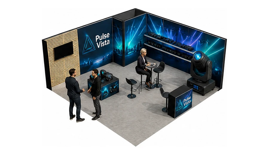 Stoisko 6 × 6 m narożne prawe dla branży branża eventowa, przykładowa marka Pulse Vista