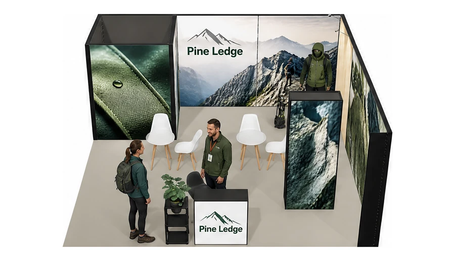 Stoisko 6 × 6 m narożne prawe dla branży odzież i sprzęt outdoorowy, przykładowa marka Pine Ledge