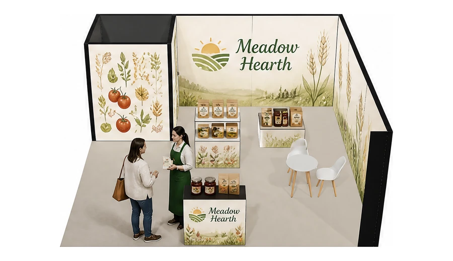Stoisko 6 × 6 m narożne prawe dla branży żywność ekologiczna, przykładowa marka Meadow Hearth