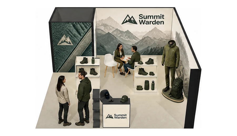 Stoisko 6 × 6 m narożne prawe dla branży odzież i sprzęt outdoorowy, przykładowa marka Summit Warden