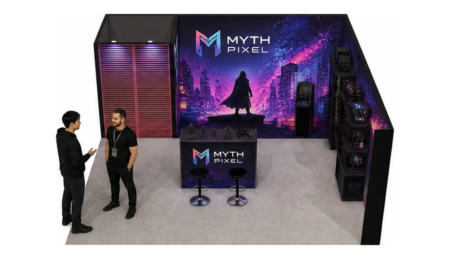 Stoisko 6 × 6 m narożne prawe dla branży gry wideo, przykładowa marka Myth Pixel
