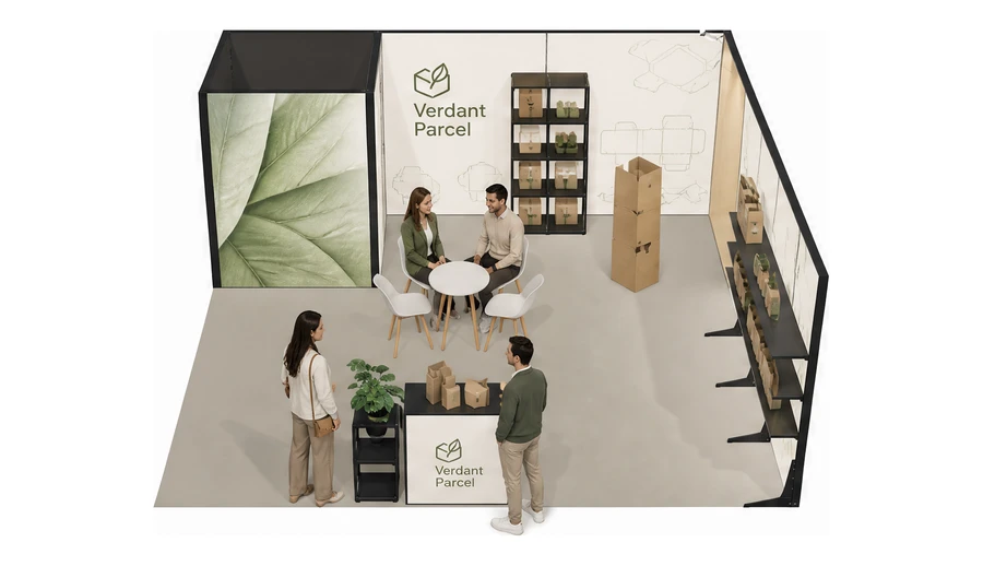 Stoisko 6 × 6 m narożne prawe dla branży opakowania ekologiczne, przykładowa marka Verdant Parcel