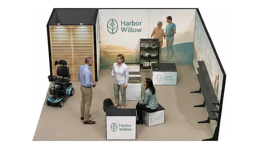 Stoisko 6 × 6 m narożne prawe dla branży opieka senioralna, przykładowa marka Harbor Willow