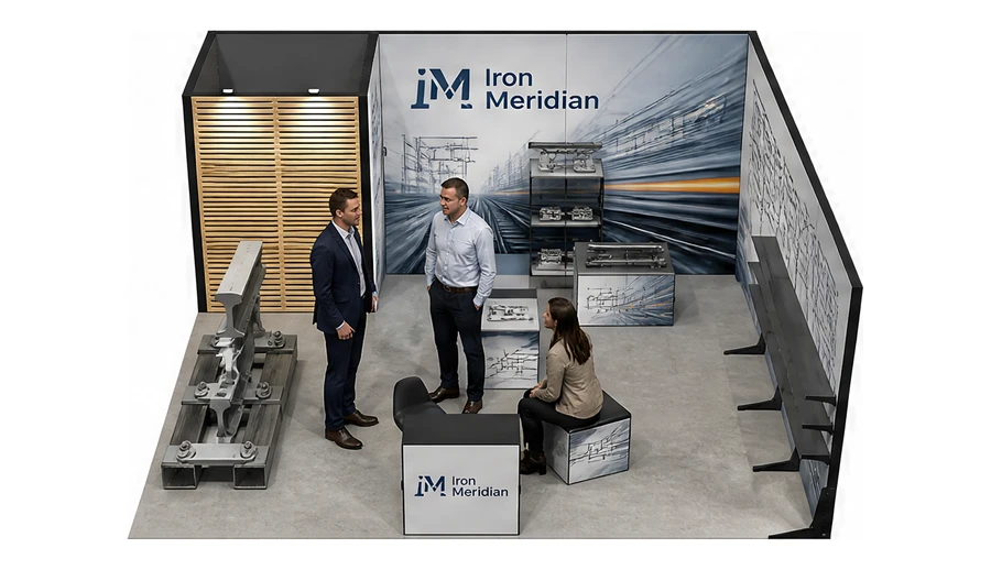 Stoisko 6 × 6 m narożne prawe dla branży kolej i tabor, przykładowa marka Iron Meridian